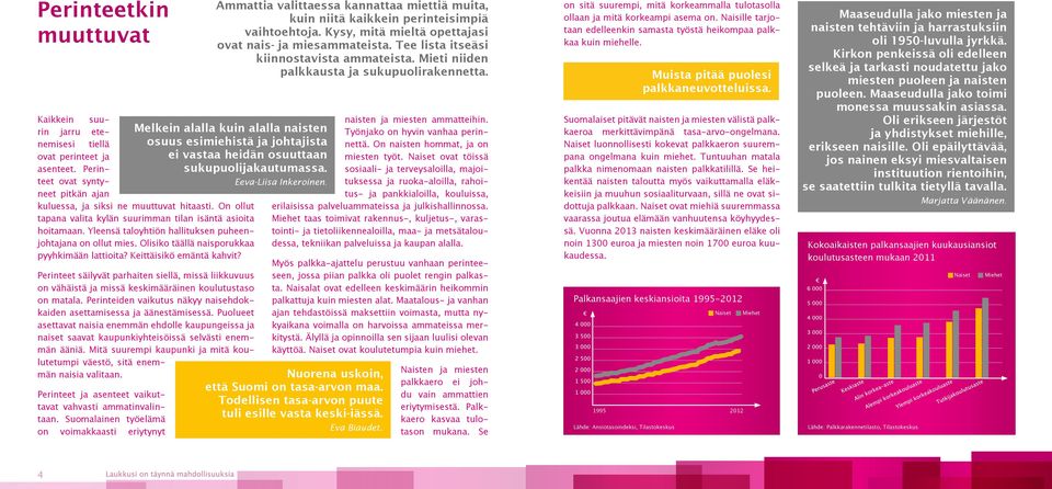 Naiset ovat miehiä suuremmassa vaarassa joutua elämään vanhuutensa köyhyydessä. Vuonna 2013 naisten keskimääräinen eläke oli noin 1300 euroa ja miesten noin 1700 euroa kuukaudessa.