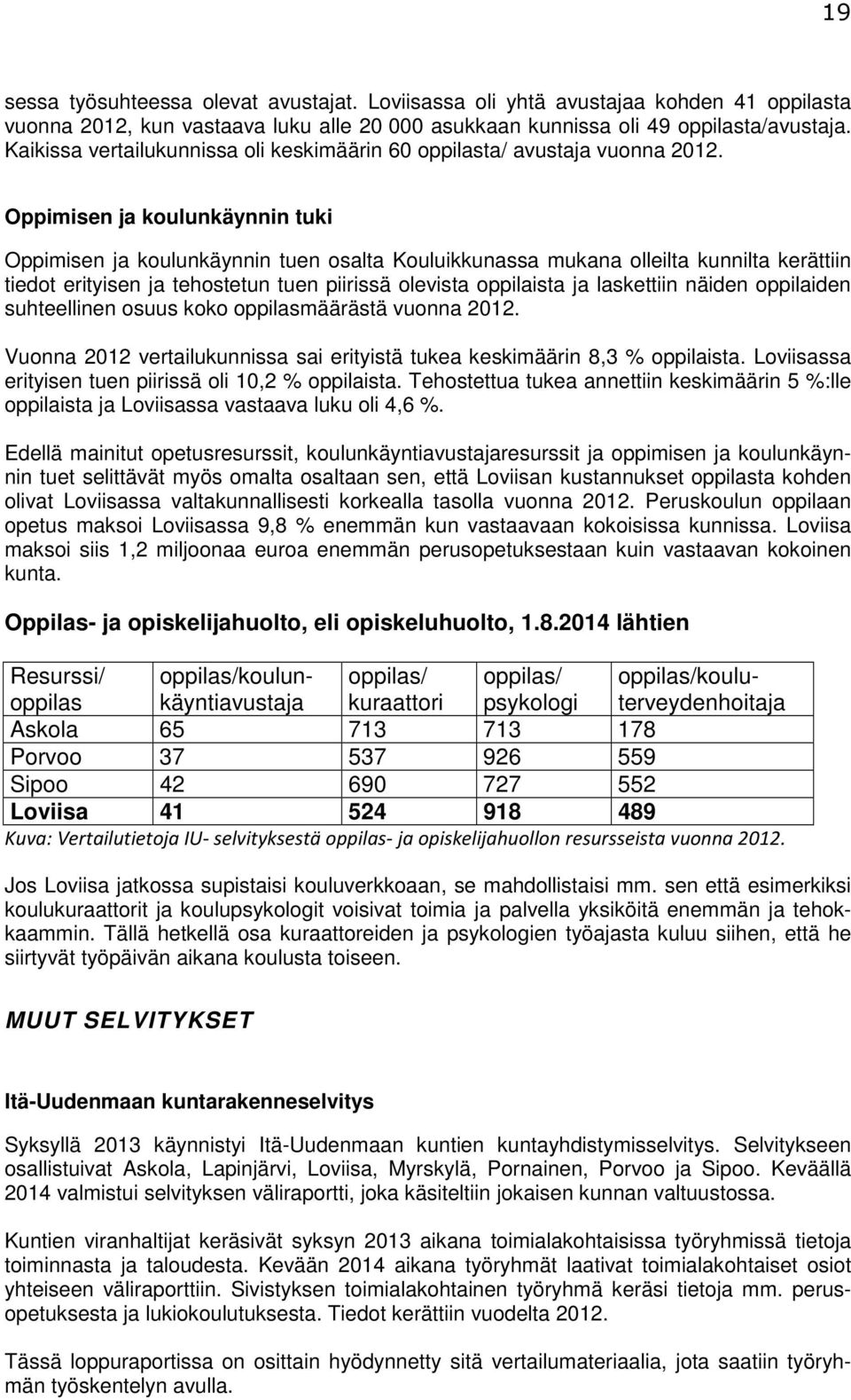 Oppimisen ja koulunkäynnin tuki Oppimisen ja koulunkäynnin tuen osalta Kouluikkunassa mukana olleilta kunnilta kerättiin tiedot erityisen ja tehostetun tuen piirissä olevista oppilaista ja laskettiin