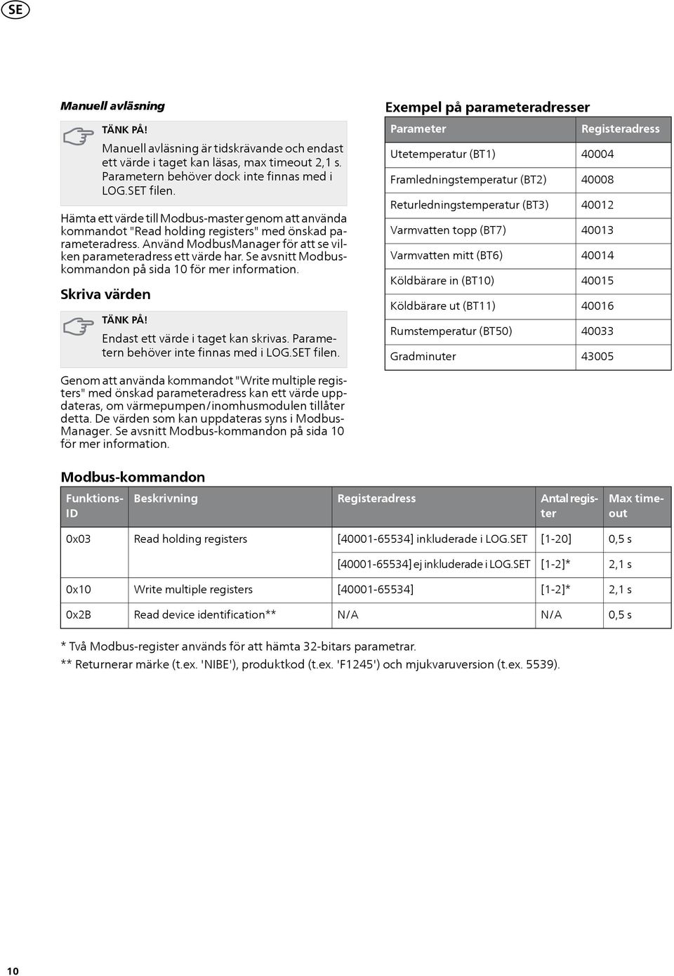 Se avsnitt Modbuskommandon på sida för mer information. Skriva värden TÄNK PÅ! Endast ett värde i taget kan skrivas. Parametern behöver inte finnas med i LOG.SET filen.
