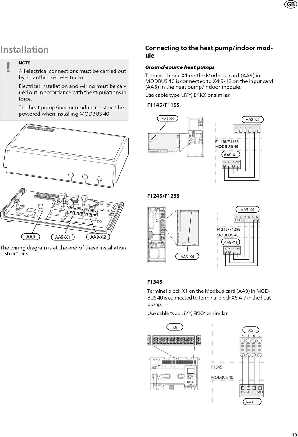 Connecting to the heat pump/indoor module Ground-source heat pumps Terminal block X1 on the Modbus- card (AA) in is connected to X4:- on the input card (AA3) in the heat pump/indoor module.