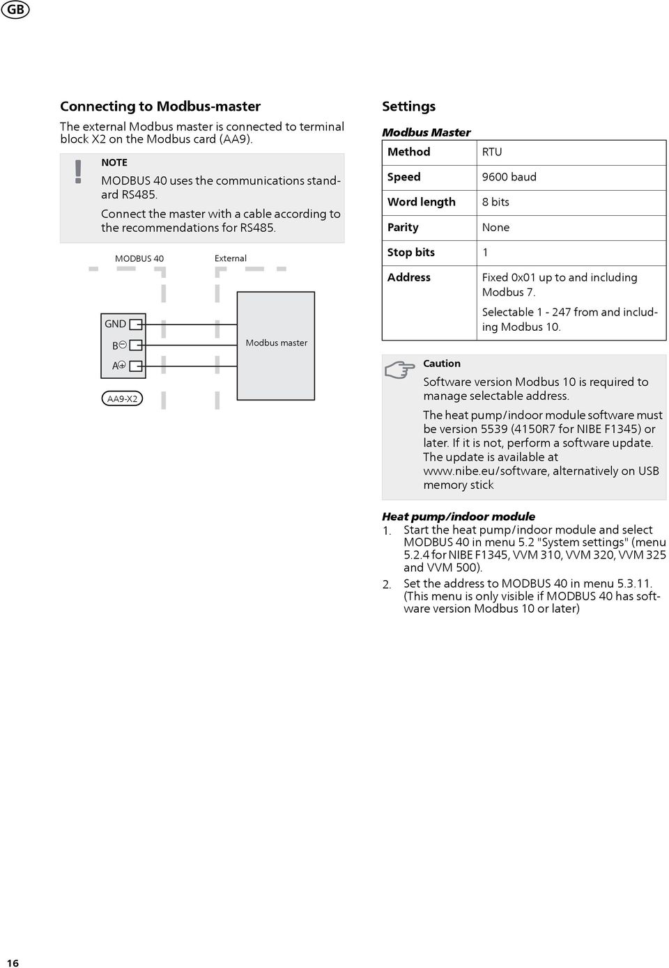 Settings Modbus Master Method Speed Word length Parity RTU 600 baud bits None GND _ B A+ AA-X2 External EXTERNT Modbus master Stop bits Address Caution 1 Fixed 0x01 up to and including Modbus.