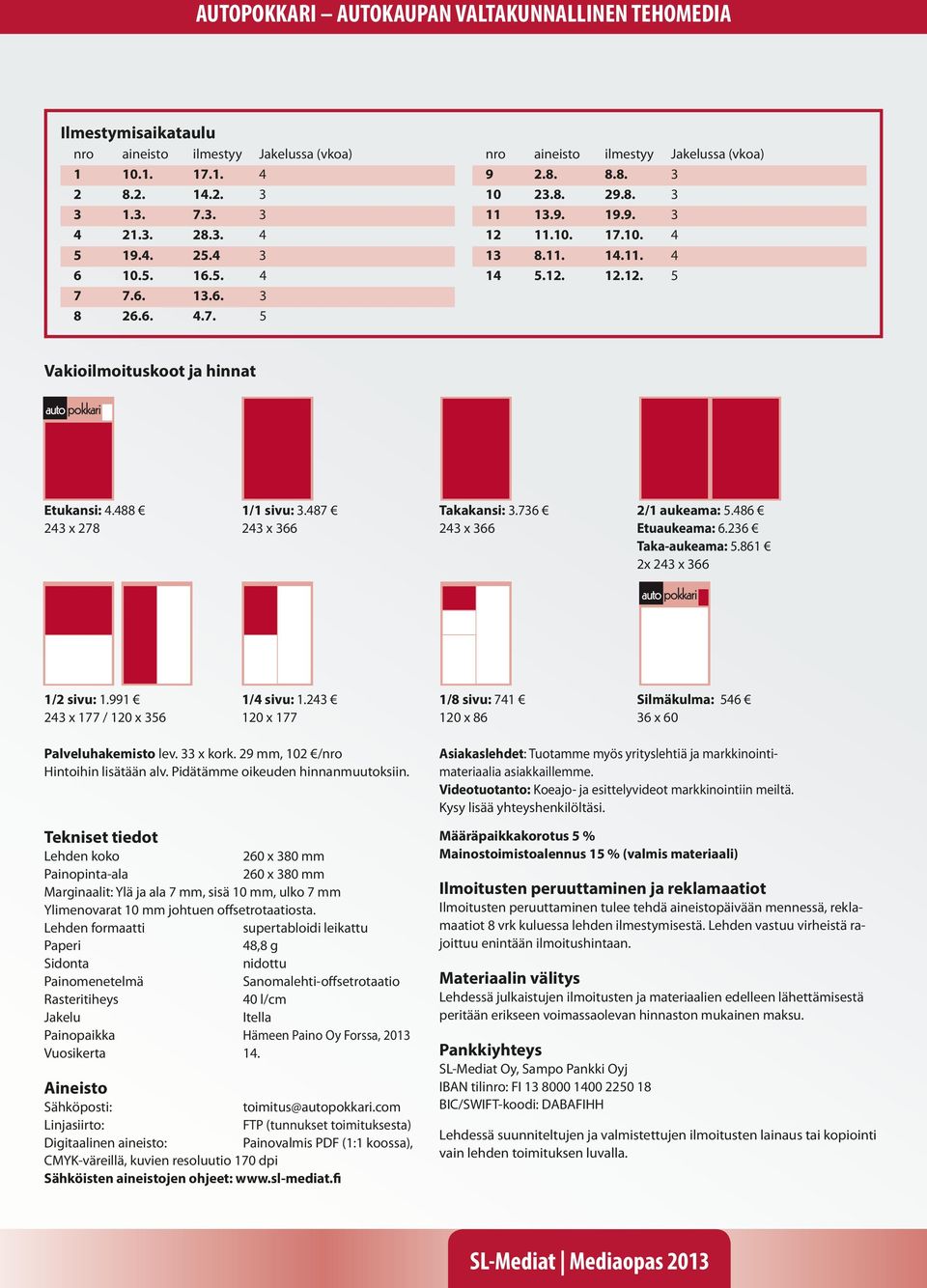 488 243 x 278 1/1 sivu: 3.487 243 x 366 Takakansi: 3.736 243 x 366 2/1 aukeama: 5.486 Etuaukeama: 6.236 Taka-aukeama: 5.861 2x 243 x 366 1/2 sivu: 1.991 243 x 177 / 120 x 356 1/4 sivu: 1.