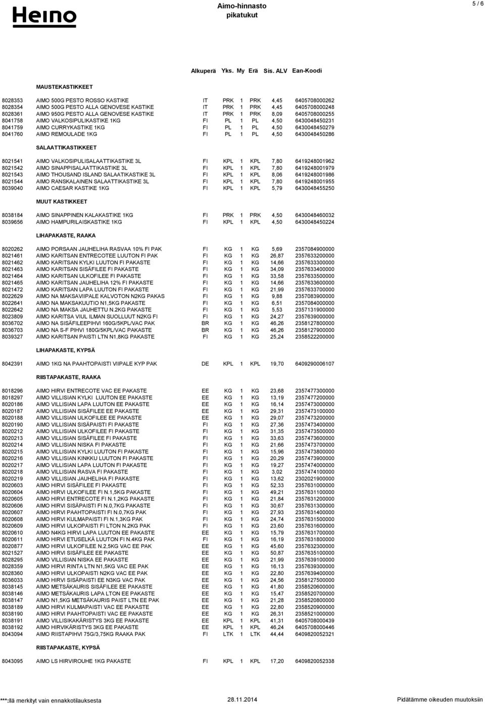 1KG FI PL 1 PL 4,50 6430048450286 SALAATTIKASTIKKEET 8021541 AIMO VALKOSIPULISALAATTIKASTIKE 3L FI KPL 1 KPL 7,80 6419248001962 8021542 AIMO SINAPPISALAATTIKASTIKE 3L FI KPL 1 KPL 7,80 6419248001979