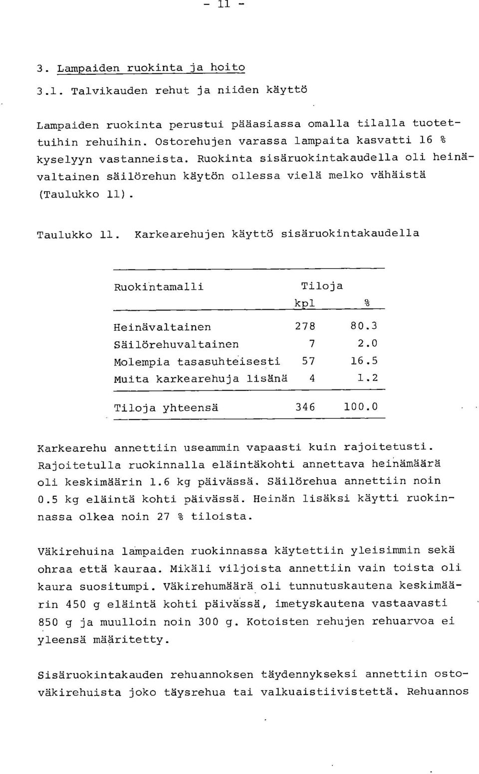 Karkearehujen käyttö sisäruokintakaudella Ruokintamalli Tiloja kpl Heinävaltainen 278 80.3 Säilörehuvaltainen 7 2.0 Molempia tasasuhteisesti 57 16.5 Muita karkearehuja lisänä 4 1.