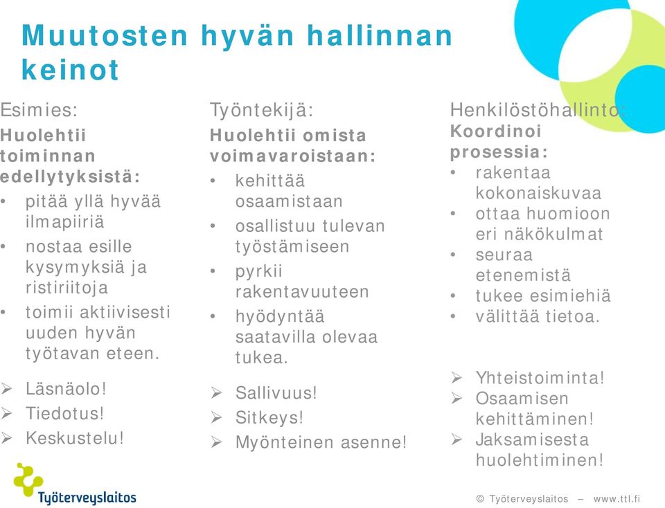 Työntekijä: Huolehtii omista voimavaroistaan: kehittää osaamistaan osallistuu tulevan työstämiseen pyrkii rakentavuuteen hyödyntää saatavilla olevaa tukea.