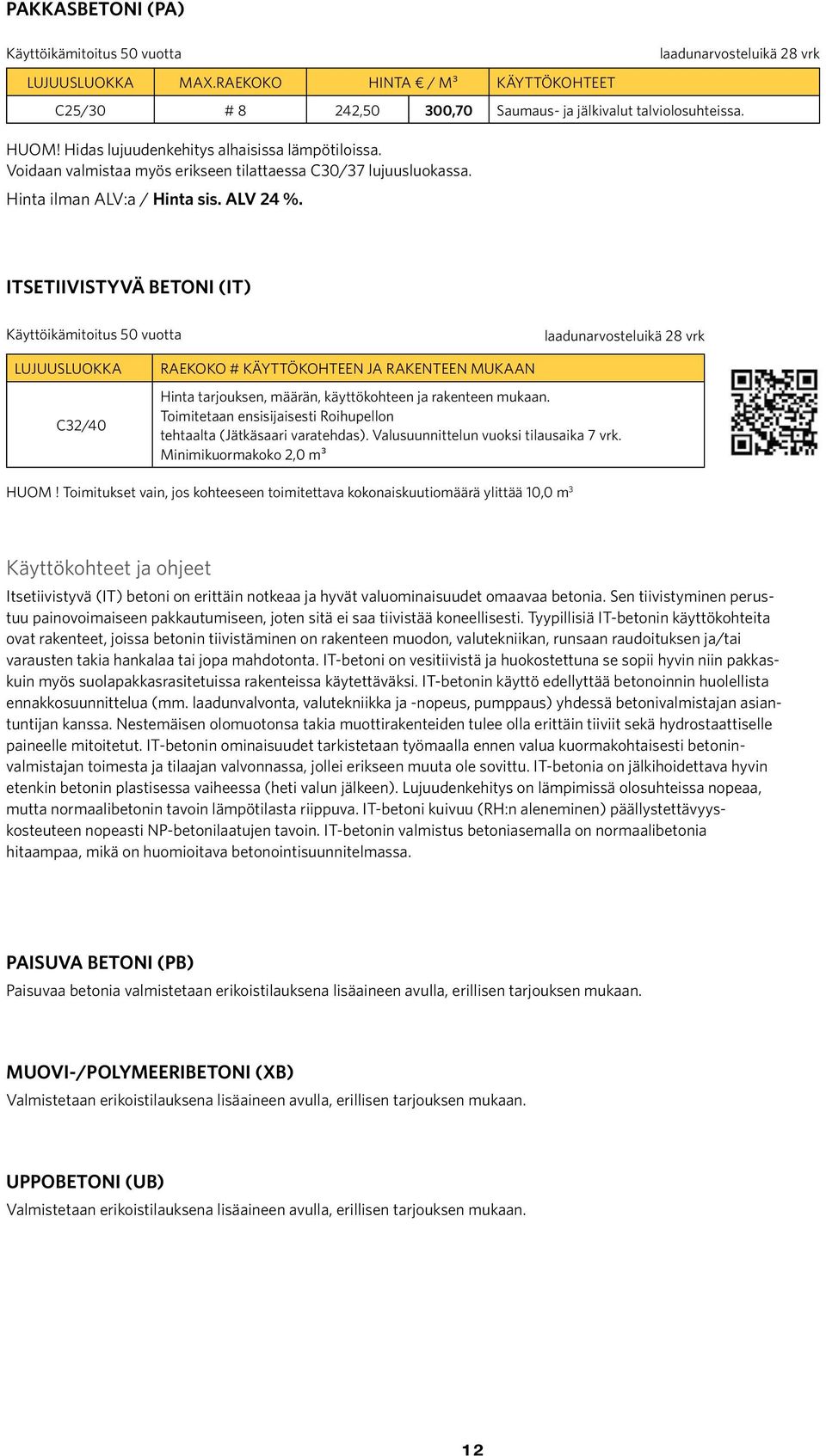 laadunarvosteluikä 28 vrk Itsetiivistyvä betoni (IT) Käyttöikämitoitus 50 vuotta laadunarvosteluikä 28 vrk Lujuusluokka C32/40 Raekoko # käyttökohteen ja rakenteen mukaan Hinta tarjouksen, määrän,