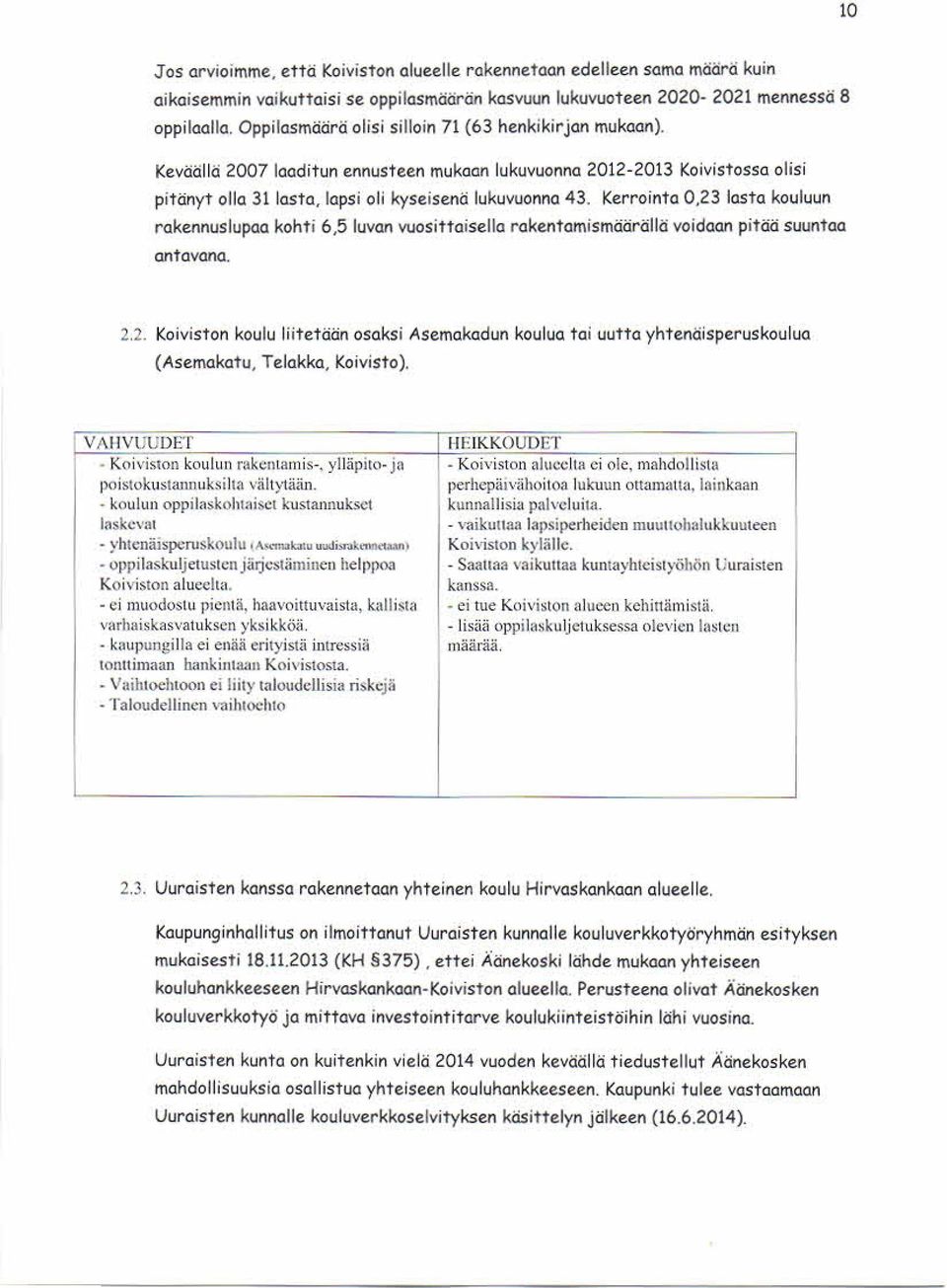 Kerrointa 0,23 lasta kouluun rakennus lupaa kohti 6,5 luvan vuos ittaisella rakentamis määrällä voidaan pitää suuntaa antavana, 2.2. Koivis ton koulu liitetään os aks i As emakadun koulua tai uutta yhtenäis perus koulua (Asemakatu, Telakka, Koivisto).
