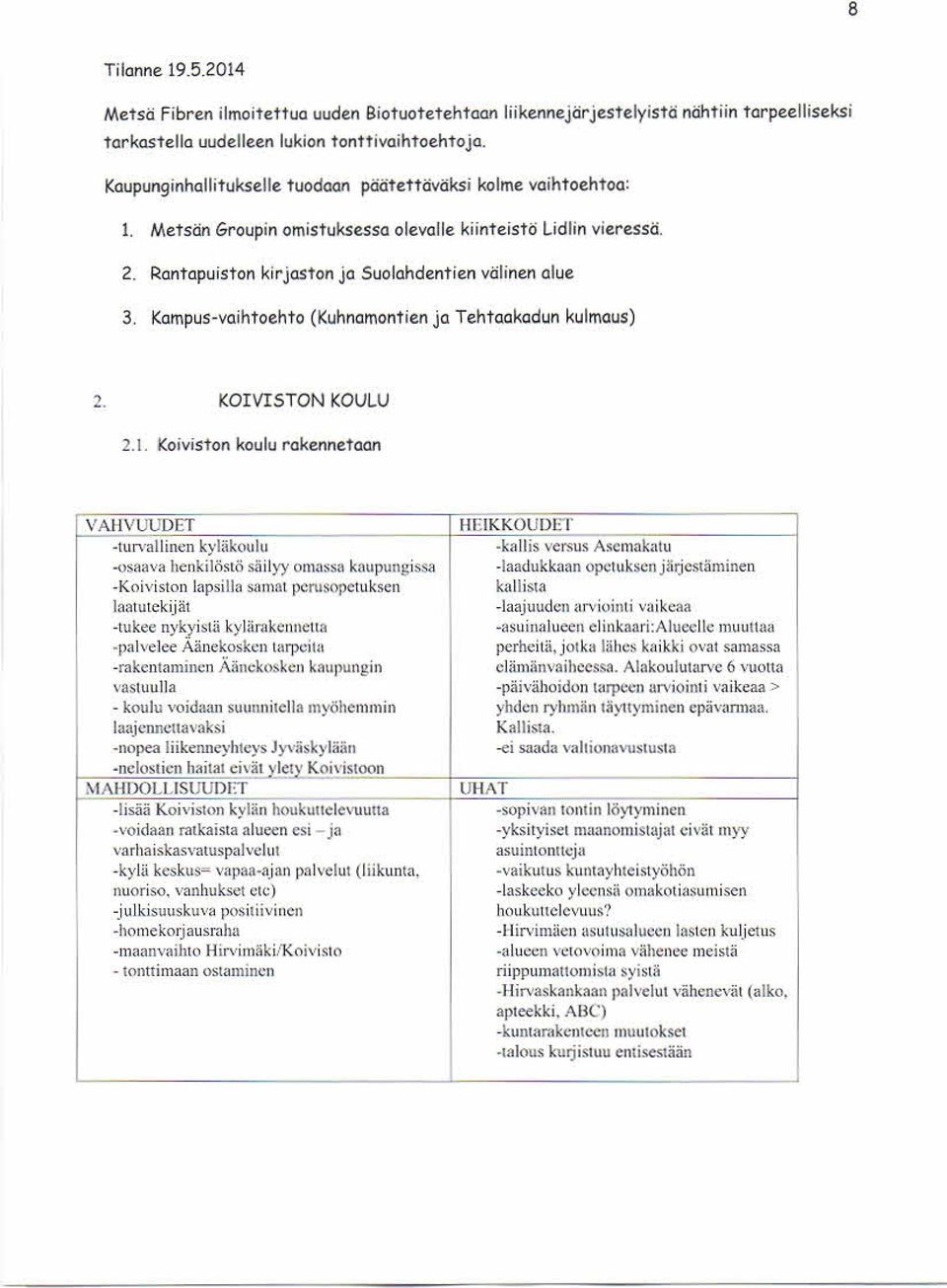 Kampus-vaihtoehto (Kuhnamontien ja Tehtaakadun kulmaus) KOIVISTON KOULU 2.1.