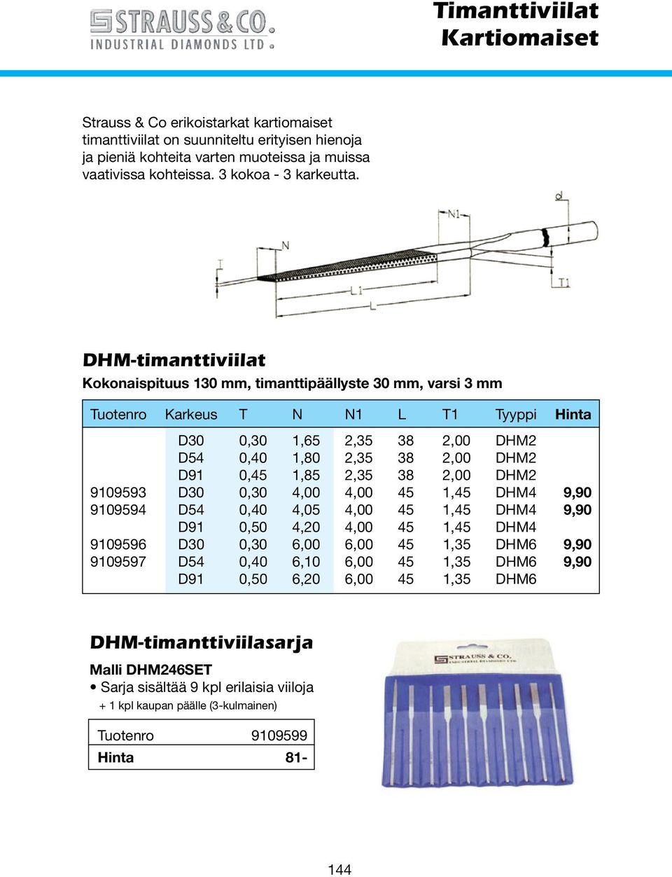 DHM-timanttiviilat Kokonaispituus 130, timanttipäällyste 30, varsi 3 Tuotenro Karkeus T N N1 L T1 Tyyppi Hinta D30 0,30 1,65 2,35 38 2,00 DHM2 D54 0,40 1,80 2,35 38 2,00 DHM2 D91 0,45 1,85 2,35 38