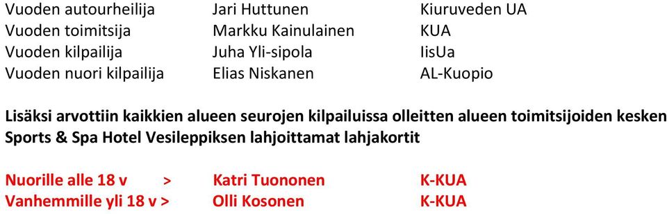 kaikkien alueen seurojen kilpailuissa olleitten alueen toimitsijoiden kesken Sports & Spa Hotel