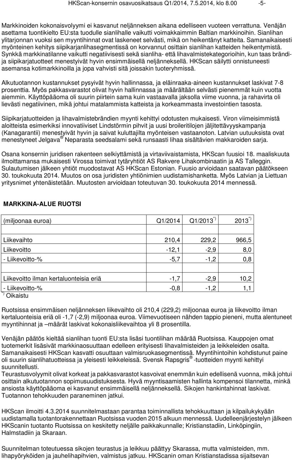 Sianlihan ylitarjonnan vuoksi sen myyntihinnat ovat laskeneet selvästi, mikä on heikentänyt katteita.