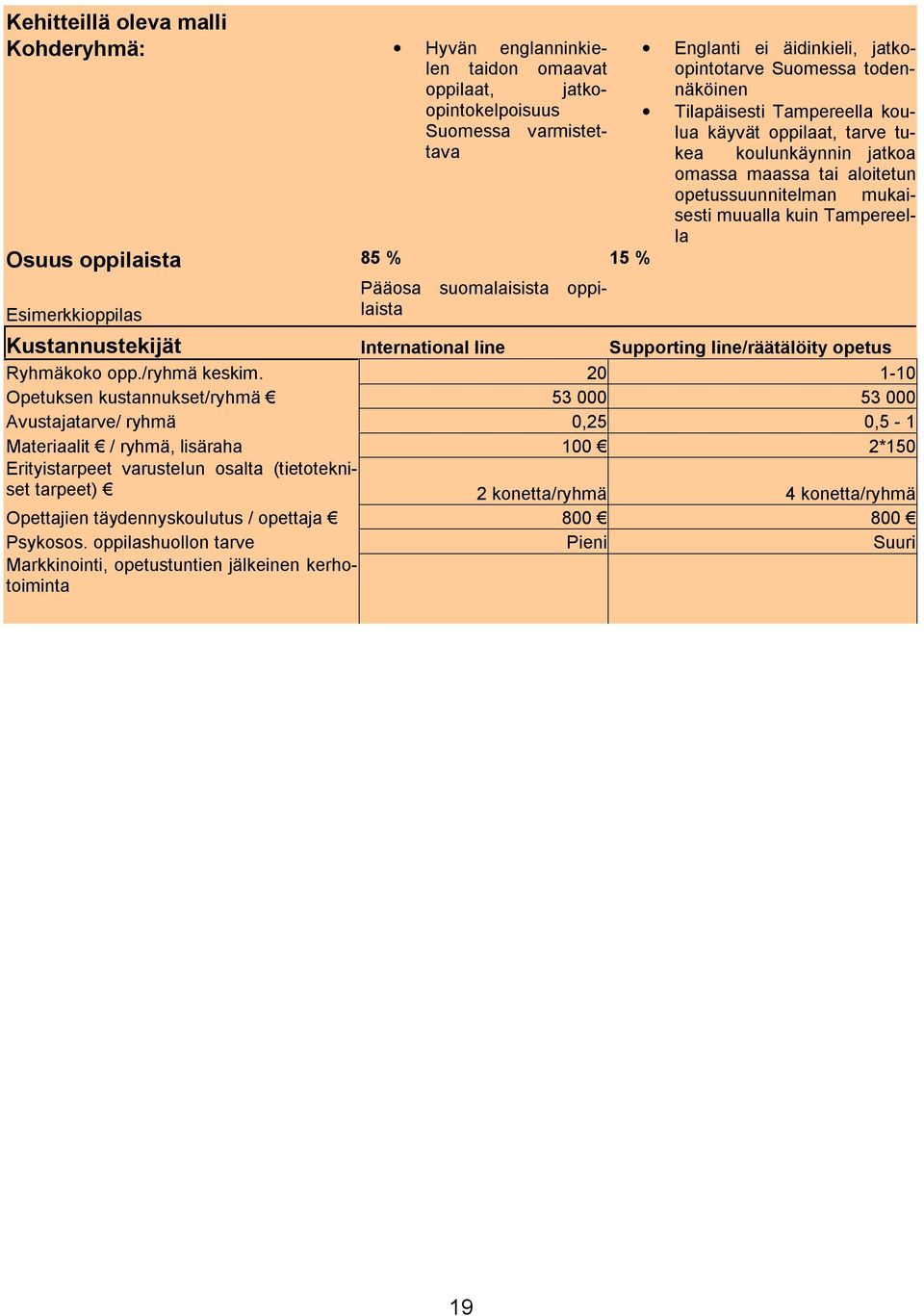 opetussuunnitelman mukaisesti muualla kuin Tampereella Kustannustekijät International line Supporting line/räätälöity opetus Ryhmäkoko opp./ryhmä keskim.