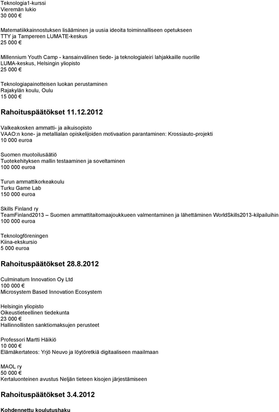 2012 Valkeakosken ammatti- ja aikuisopisto VAAO:n kone- ja metallialan opiskelijoiden motivaation parantaminen: Krossiauto-projekti 10 000 euroa Suomen muotoilusäätiö Tuotekehityksen mallin