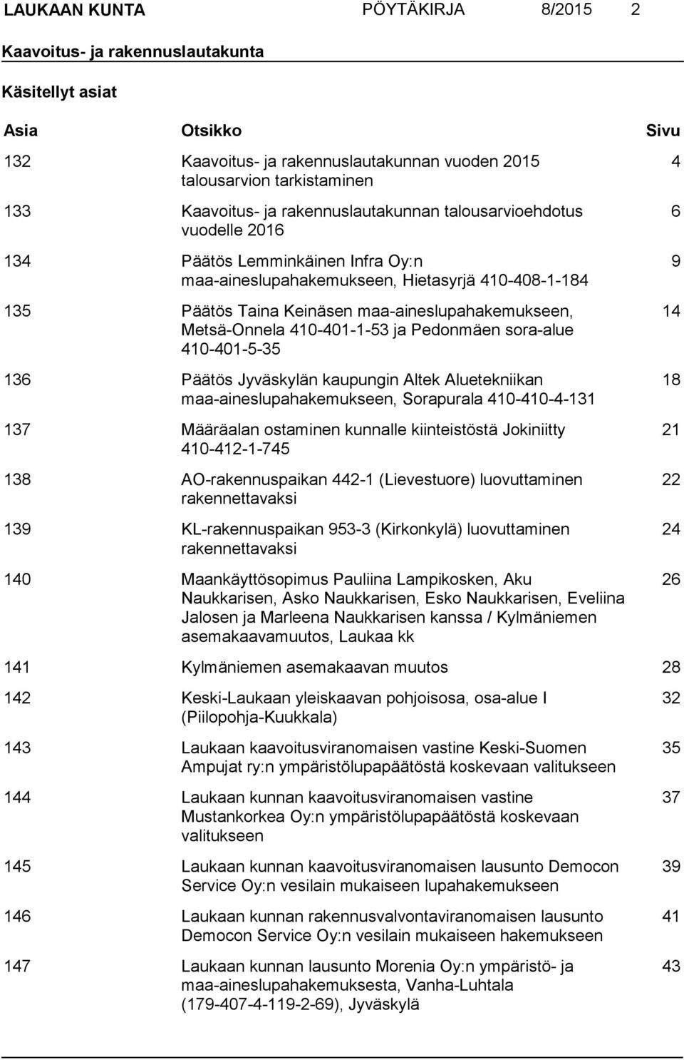 Metsä-Onnela 410-401-1-53 ja Pedonmäen sora-alue 410-401-5-35 136 Päätös Jyväskylän kaupungin Altek Aluetekniikan maa-aineslupahakemukseen, Sorapurala 410-410-4-131 137 Määräalan ostaminen kunnalle