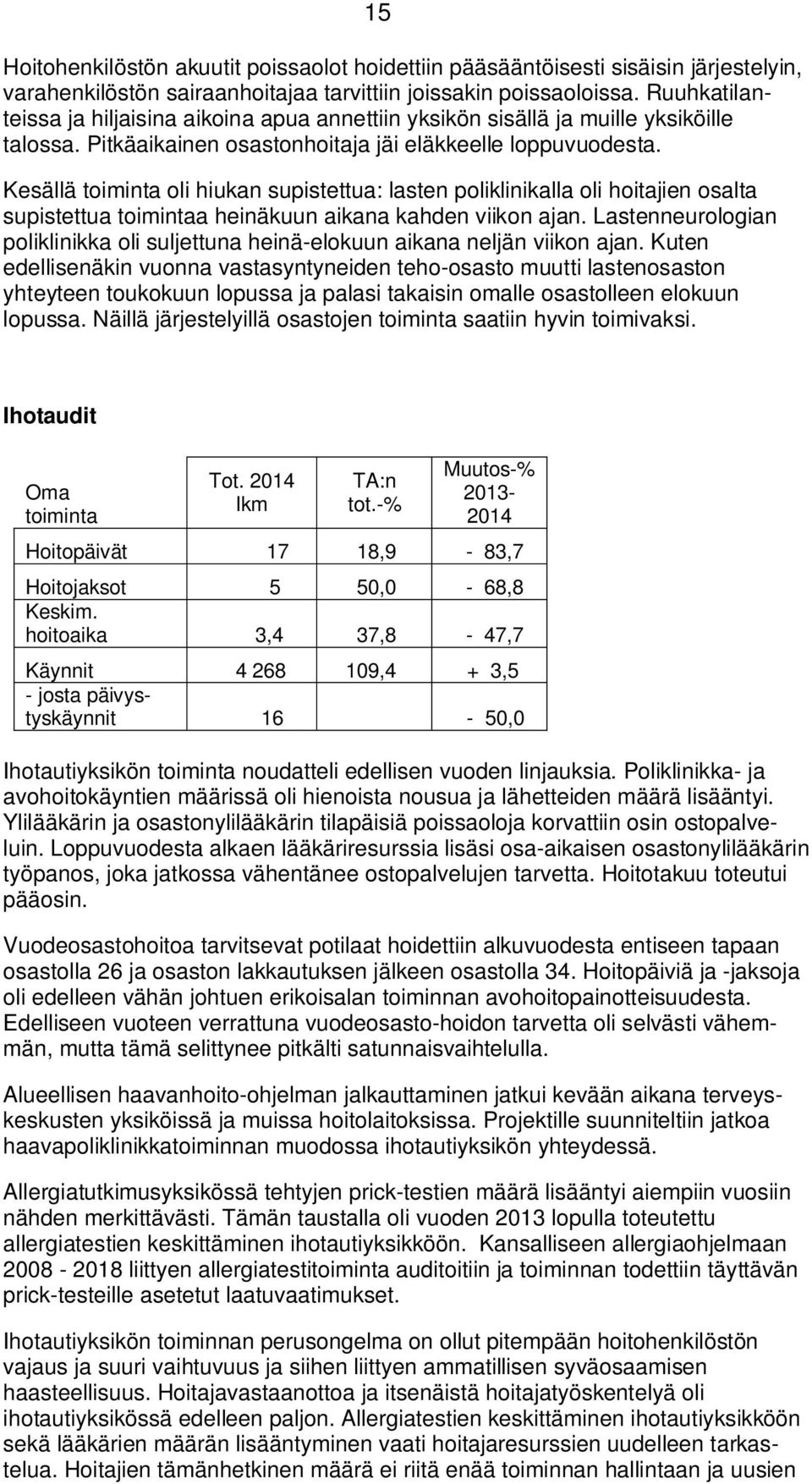 Kesällä toiminta oli hiukan supistettua: lasten poliklinikalla oli hoitajien osalta supistettua toimintaa heinäkuun aikana kahden viikon ajan.