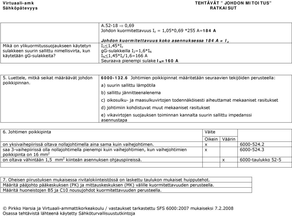 Luettele, mitkä seikat määräävät johdon poikkipinnan. 6000-132.