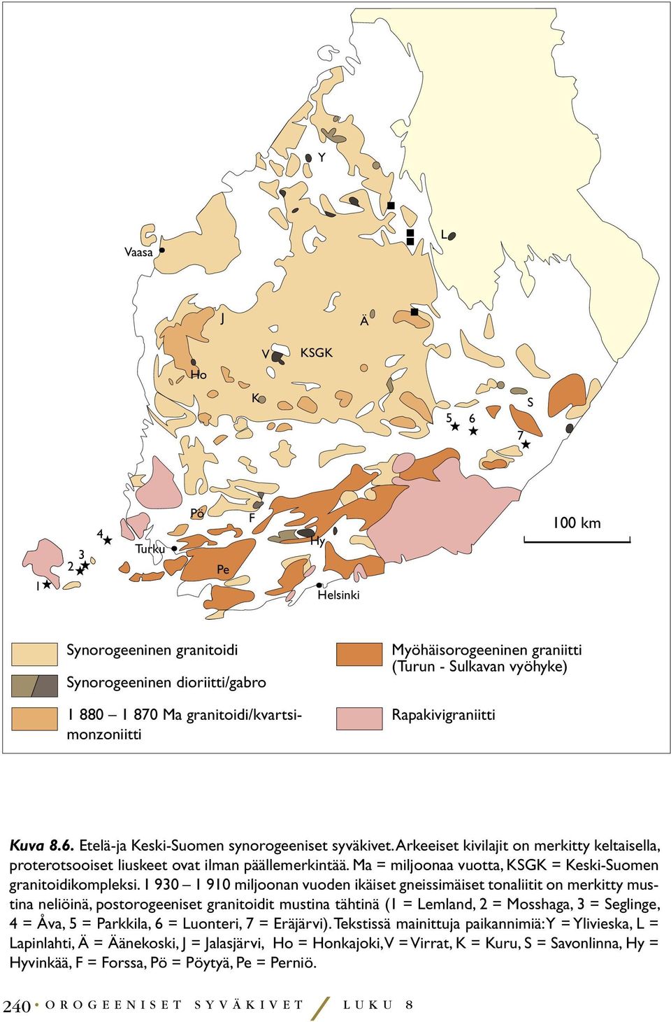 Arkeeiset kivilajit on merkitty keltaisella, proterotsooiset liuskeet ovat ilman päällemerkintää. Ma = miljoonaa vuotta, KSGK = Keski-Suomen granitoidikompleksi.