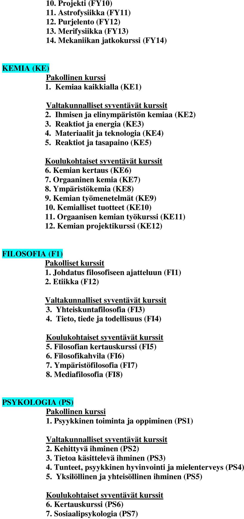 Ympäristökemia (KE8) 9. Kemian työmenetelmät (KE9) 10. Kemialliset tuotteet (KE10) 11. Orgaanisen kemian työkurssi (KE11) 12. Kemian projektikurssi (KE12) FILOSOFIA (F1) 1.