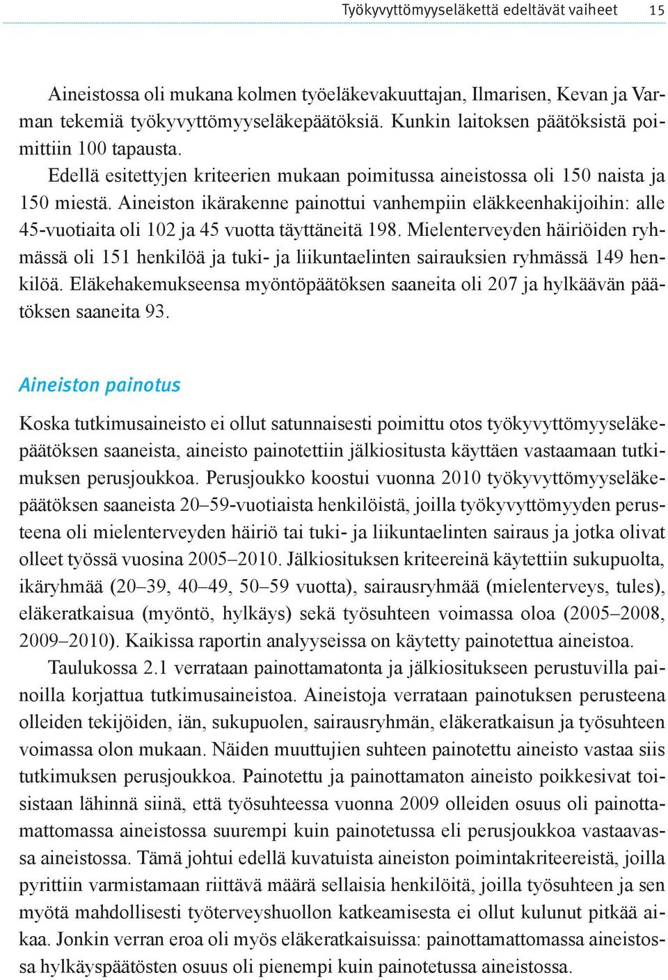 Aineiston ikärakenne painottui vanhempiin eläkkeenhakijoihin: alle 45-vuotiaita oli 102 ja 45 vuotta täyttäneitä 198.