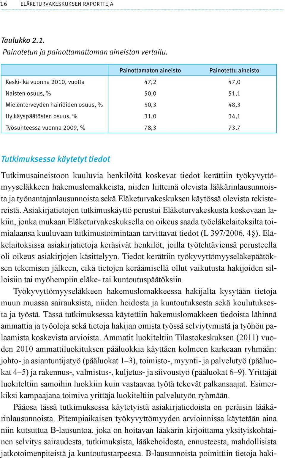 Työsuhteessa vuonna 2009, % 78,3 73,7 Tutkimuksessa käytetyt tiedot Tutkimusaineistoon kuuluvia henkilöitä koskevat tiedot kerättiin työkyvyttömyyseläkkeen hakemuslomakkeista, niiden liitteinä