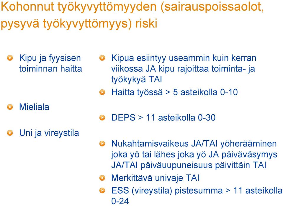 Haitta työssä > 5 asteikolla 0-10! DEPS > 11 asteikolla 0-30!