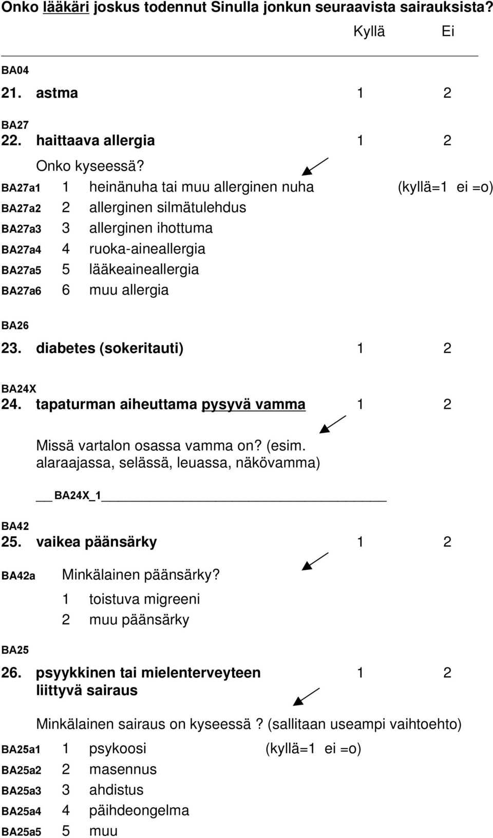 BA26 23. diabetes (sokeritauti) 1 2 BA24X 24. tapaturman aiheuttama pysyvä vamma 1 2 Missä vartalon osassa vamma on? (esim. alaraajassa, selässä, leuassa, näkövamma) BA24X_1 BA42 25.