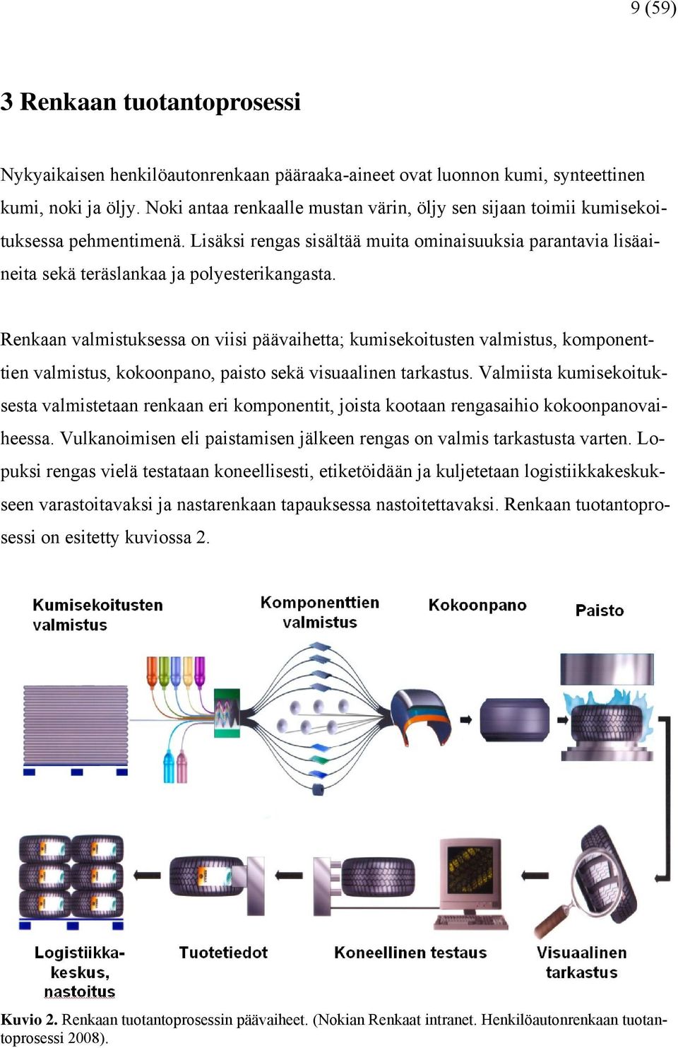 Renkaan valmistuksessa on viisi päävaihetta; kumisekoitusten valmistus, komponenttien valmistus, kokoonpano, paisto sekä visuaalinen tarkastus.