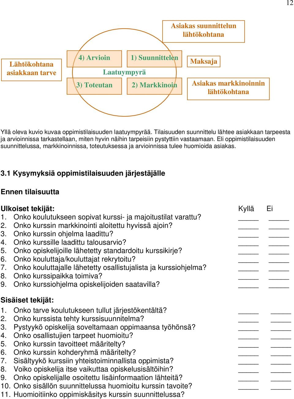 Eli oppimistilaisuuden suunnittelussa, markkinoinnissa, toteutuksessa ja arvioinnissa tulee huomioida asiakas. 3.