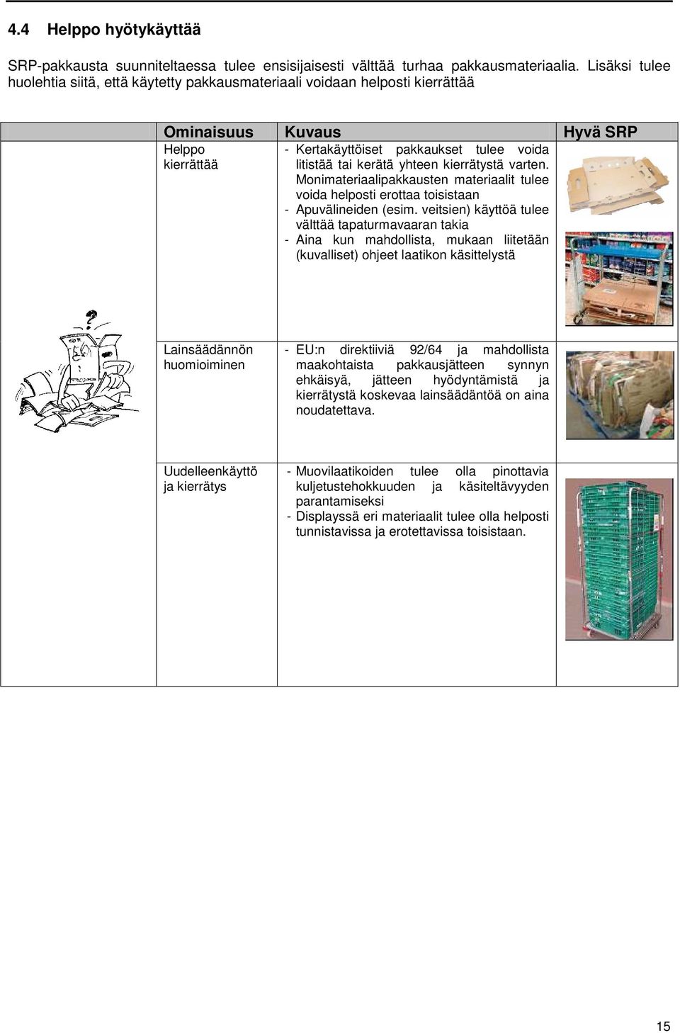 yhteen kierrätystä varten. Monimateriaalipakkausten materiaalit tulee voida helposti erottaa toisistaan - Apuvälineiden (esim.