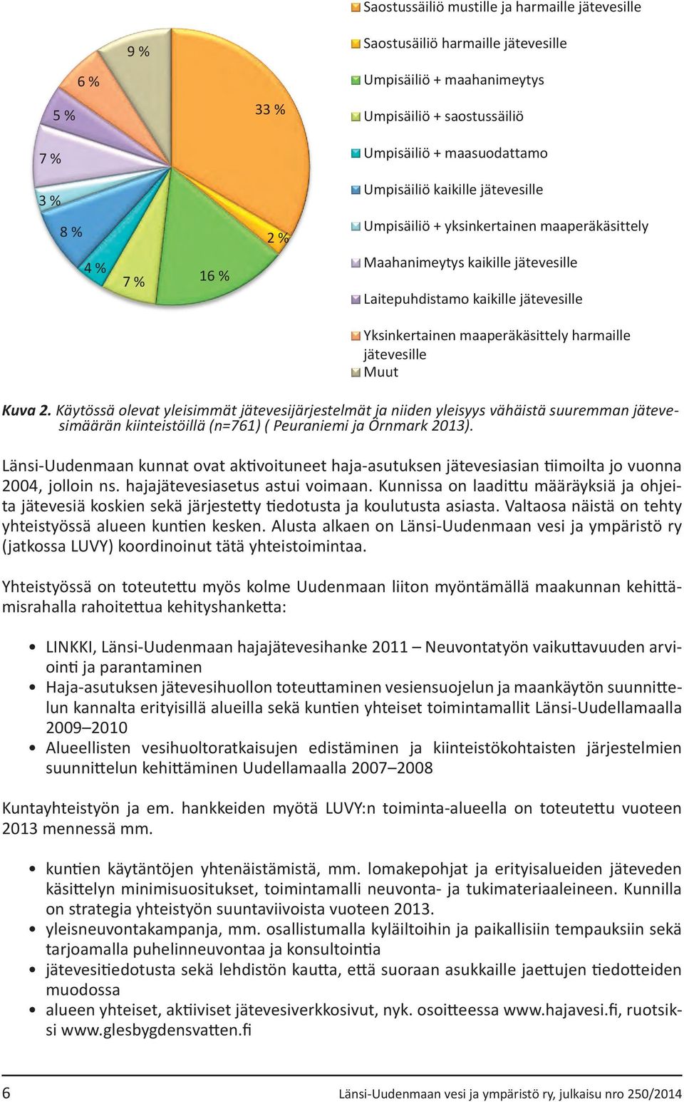 harmaille jätevesille Muut Kuva 2. Käytössä olevat yleisimmät jätevesijärjestelmät ja niiden yleisyys vähäistä suuremman jätevesimäärän kiinteistöillä (n=761) ( Peuraniemi ja Örnmark 2013).