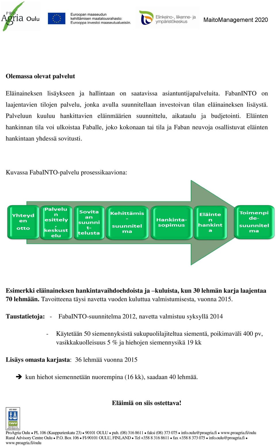 Eläinten hankinnan tila voi ulkoistaa Faballe, joko kokonaan tai tila ja Faban neuvoja osallistuvat eläinten hankintaan yhdessä sovitusti.