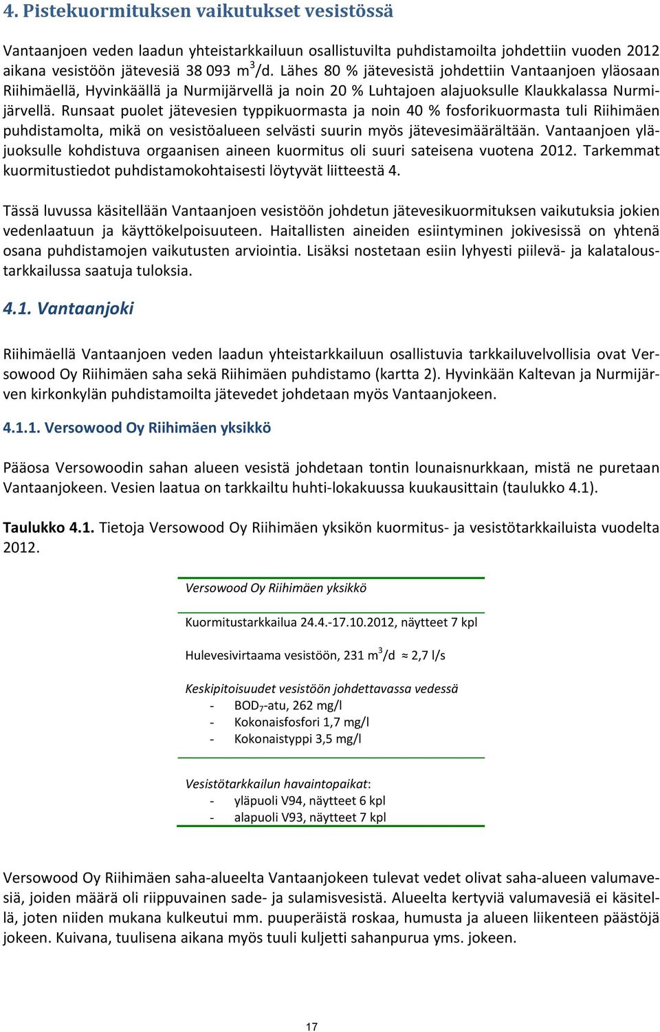 Runsaat puolet jätevesien typpikuormasta ja noin 4 % fosforikuormasta tuli Riihimäen puhdistamolta, mikä on vesistöalueen selvästi suurin myös jätevesimäärältään.