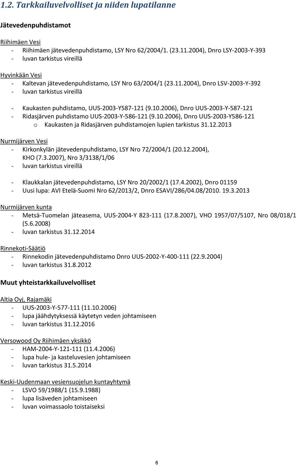 24), Dnro LSV 23 Y 392 - luvan tarkistus vireillä - Kaukasten puhdistamo, UUS 23 Y587 121 (9.1.26), Dnro UUS 23 Y 587 121 - Ridasjärven puhdistamo UUS 23 Y 586 121 (9.1.26), Dnro UUS 23 Y586 121 o Kaukasten ja Ridasjärven puhdistamojen lupien tarkistus 31.