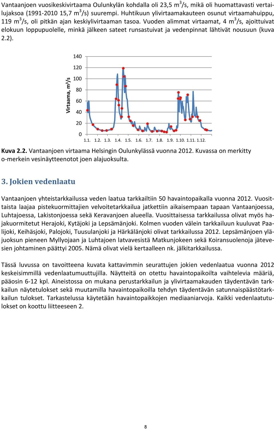 Vuoden alimmat virtaamat, 4 m 3 /s, ajoittuivat elokuun loppupuolelle, minkä jälkeen sateet runsastuivat ja vedenpinnat lähtivät nousuun (kuva 2.2). Virtaama, m 3 /s 14 12 1 8 6 4 2 1.1. 1.2. 1.3. 1.4. 1.5.