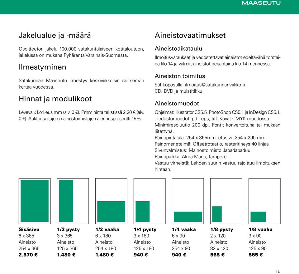 vaatimukset aikataulu Ilmoitusvaraukset ja vedostettavat aineistot edeltävänä torstaina klo 14 ja valmiit aineistot perjantaina klo 14 mennessä. n toimitus Sähköpostilla: ilmoitus@satakunnanviikko.