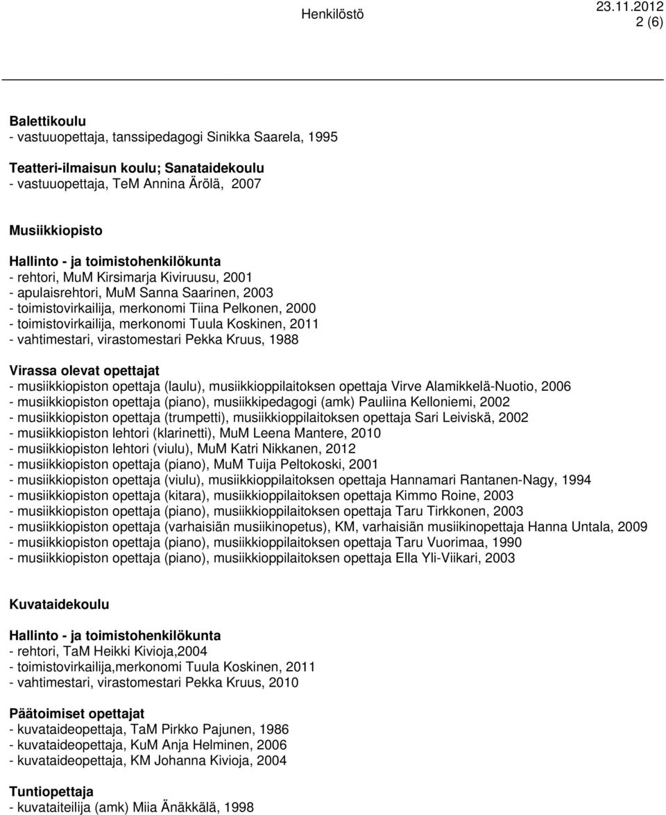 Koskinen, 2011 - vahtimestari, virastomestari Pekka Kruus, 1988 Virassa olevat opettajat - musiikkiopiston opettaja (laulu), musiikkioppilaitoksen opettaja Virve Alamikkelä-Nuotio, 2006 -