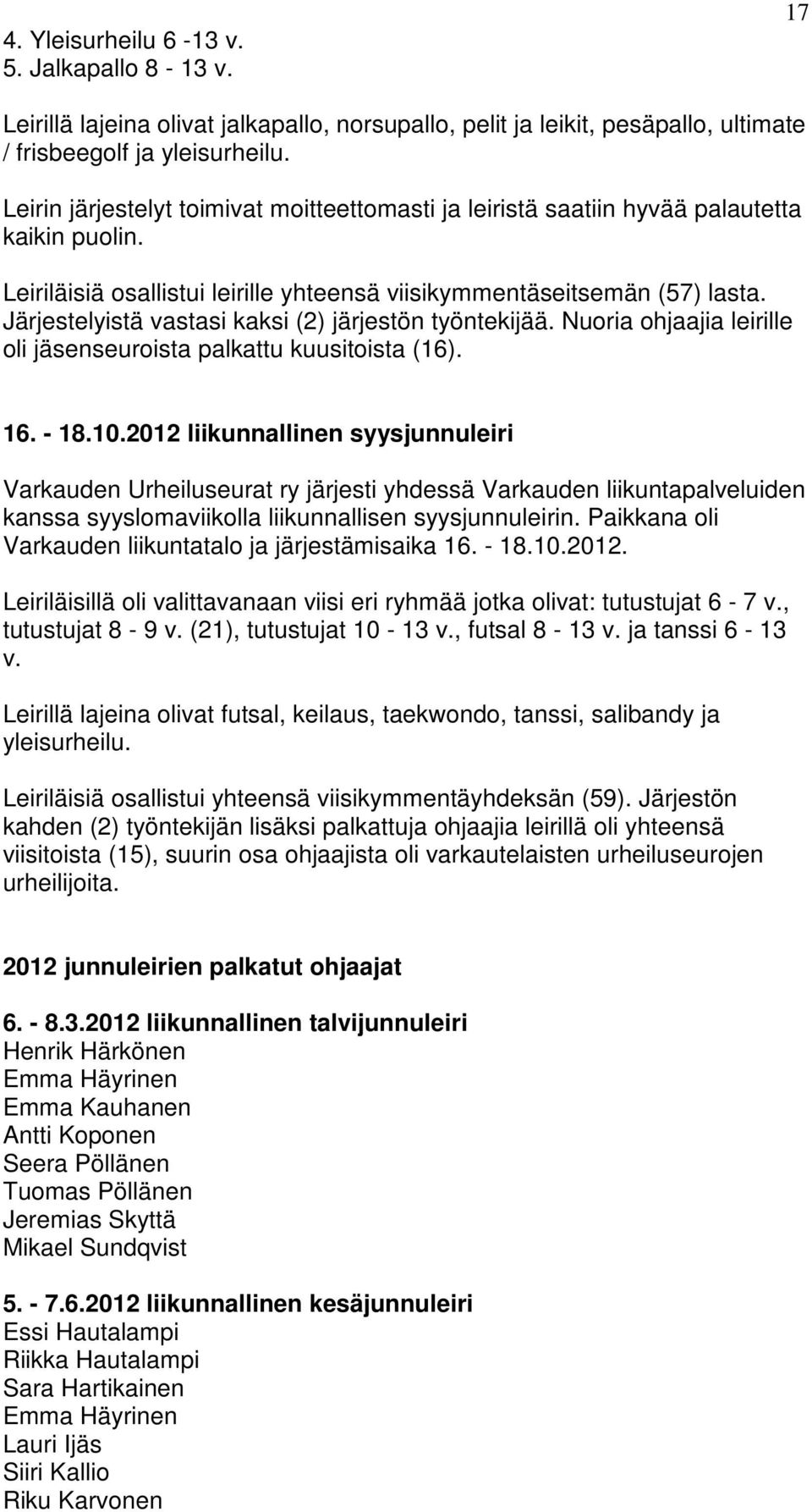 Järjestelyistä vastasi kaksi (2) järjestön työntekijää. Nuoria ohjaajia leirille oli jäsenseuroista palkattu kuusitoista (16). 16. - 18.10.