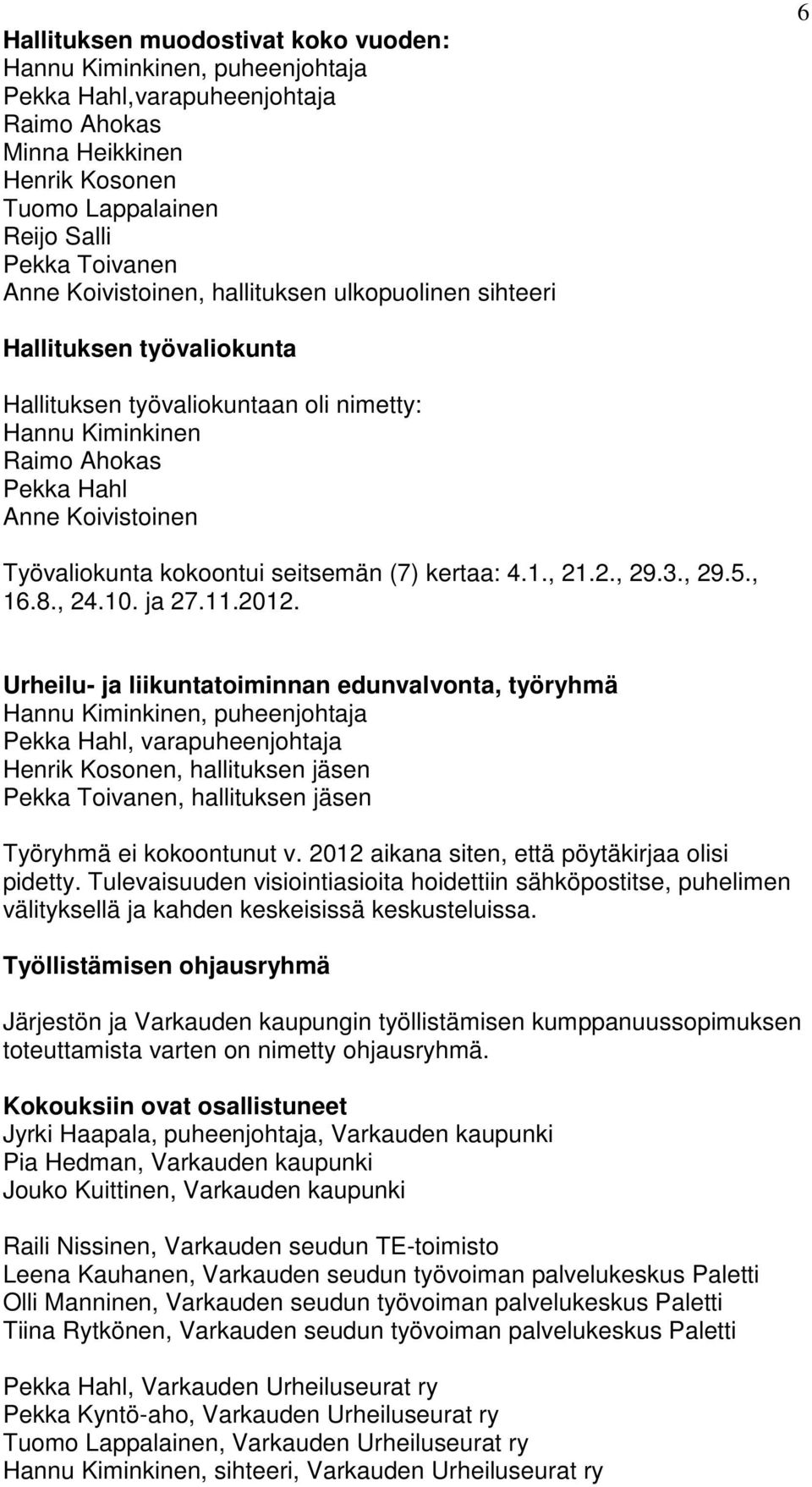 seitsemän (7) kertaa: 4.1., 21.2., 29.3., 29.5., 16.8., 24.10. ja 27.11.2012.