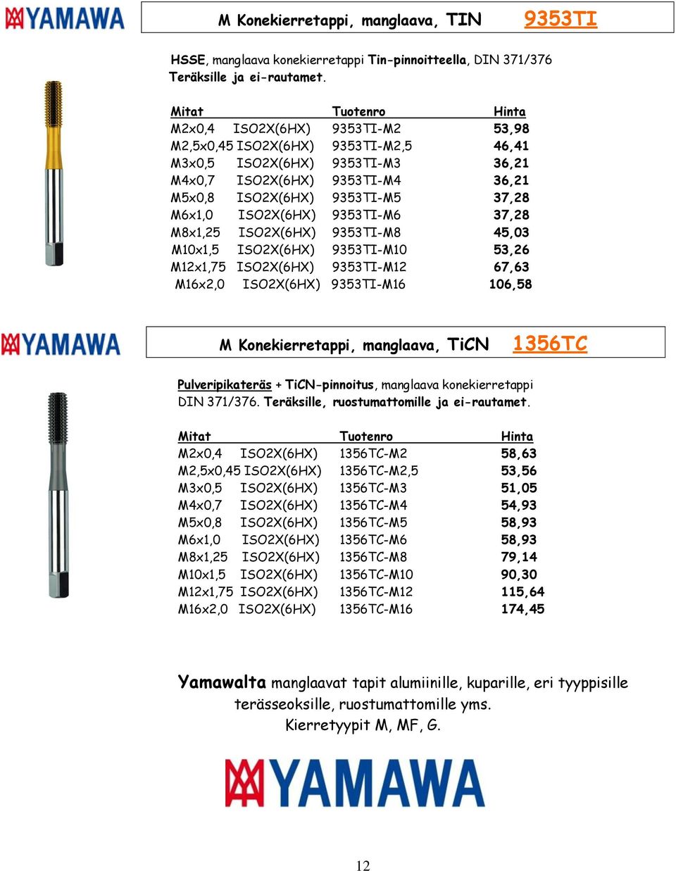 M6x1,0 ISO2X(6HX) 9353TI-M6 37,28 M8x1,25 ISO2X(6HX) 9353TI-M8 45,03 M10x1,5 ISO2X(6HX) 9353TI-M10 53,26 M12x1,75 ISO2X(6HX) 9353TI-M12 67,63 M16x2,0 ISO2X(6HX) 9353TI-M16 106,58 M Konekierretappi,