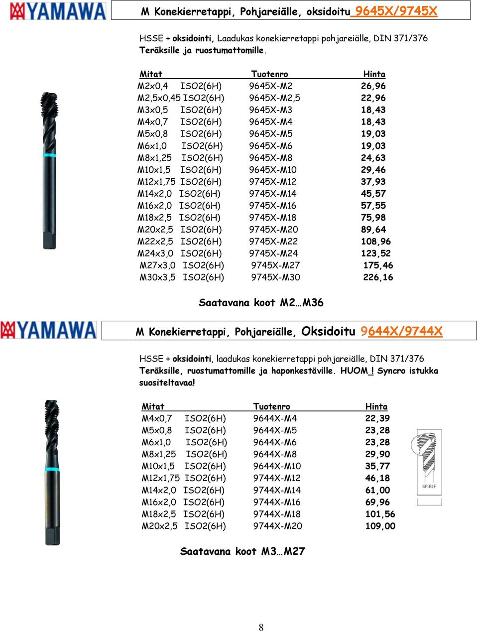 9645X-M6 19,03 M8x1,25 ISO2(6H) 9645X-M8 24,63 M10x1,5 ISO2(6H) 9645X-M10 29,46 M12x1,75 ISO2(6H) 9745X-M12 37,93 M14x2,0 ISO2(6H) 9745X-M14 45,57 M16x2,0 ISO2(6H) 9745X-M16 57,55 M18x2,5 ISO2(6H)