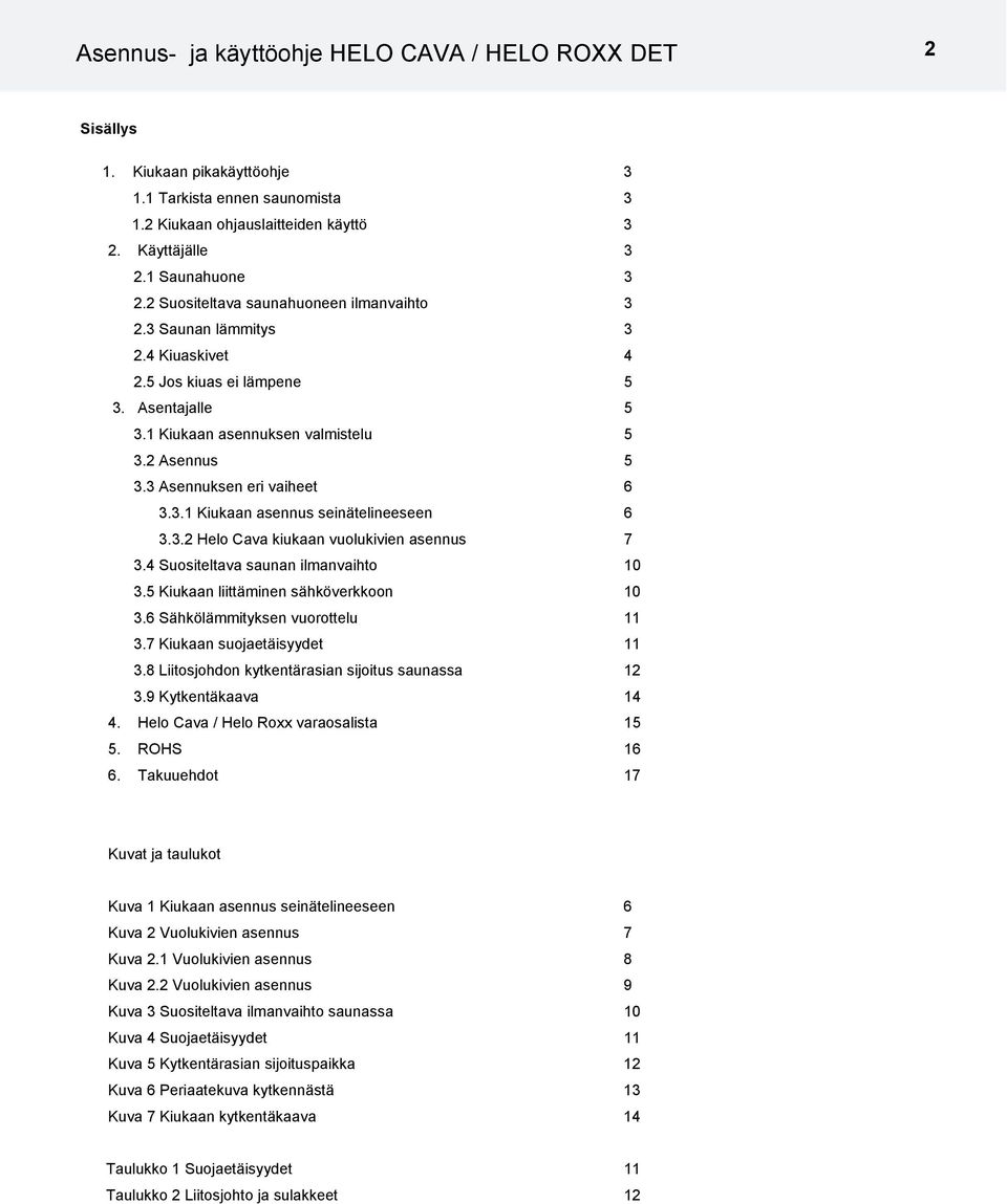 3 Asennuksen eri vaiheet 6 3.3.1 Kiukaan asennus seinätelineeseen 6 3.3.2 Helo Cava kiukaan vuolukivien asennus 7 3.4 Suositeltava saunan ilmanvaihto 10 3.5 Kiukaan liittäminen sähköverkkoon 10 3.