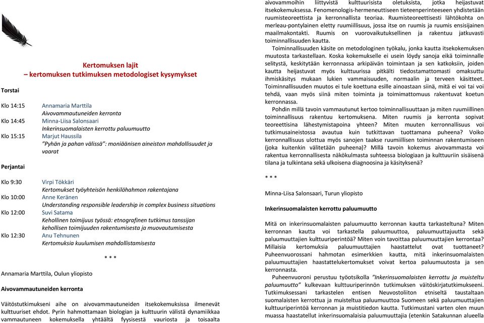 henkilöhahmon rakentajana Anne Keränen Understanding responsible leadership in complex business situations Suvi Satama Kehollinen toimijuus työssä: etnografinen tutkimus tanssijan kehollisen