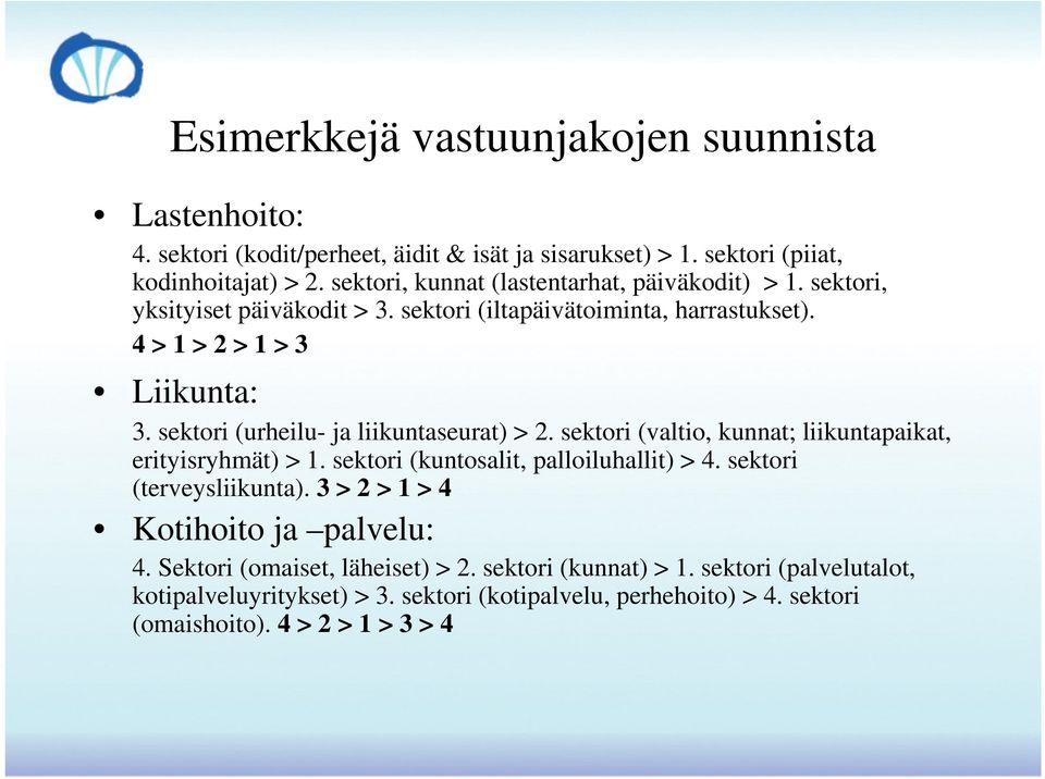 sektori (urheilu- ja liikuntaseurat) > 2. sektori (valtio, kunnat; liikuntapaikat, erityisryhmät) > 1. sektori (kuntosalit, palloiluhallit) > 4. sektori (terveysliikunta).