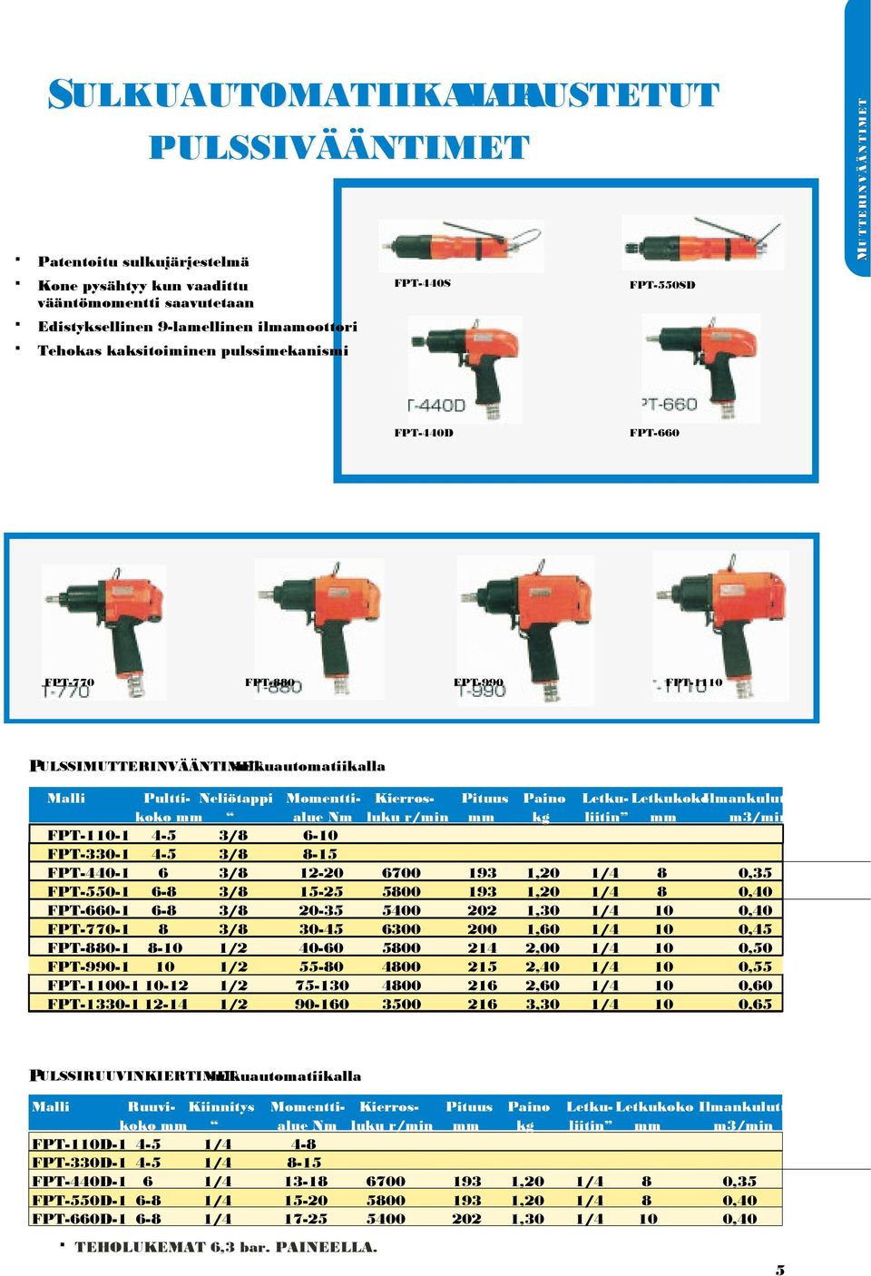 Pituus Paino Letku- LetkukokoIlmankulutus koko mm alue Nm luku r/min mm kg liitin mm m3/min FPT-110-1 4-5 3/8 6-10 FPT-330-1 4-5 3/8 8-15 FPT-440-1 6 3/8 12-20 6700 193 1,20 1/4 8 0,35 FPT-550-1 6-8