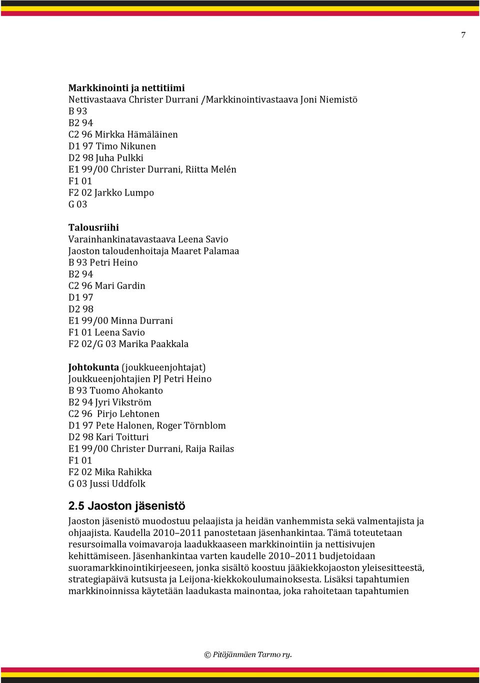 Durrani F1 01 Leena Savio F2 02/G 03 Marika Paakkala Johtokunta (joukkueenjohtajat) Joukkueenjohtajien PJ Petri Heino B 93 Tuomo Ahokanto B2 94 Jyri Vikström C2 96 Pirjo Lehtonen D1 97 Pete Halonen,