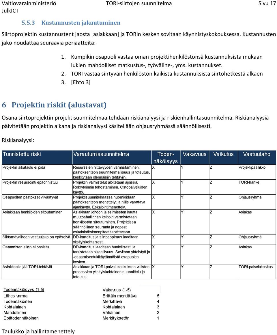 TORI vastaa siirtyvän henkilöstön kaikista kustannuksista siirtohetkestä alkaen 3.