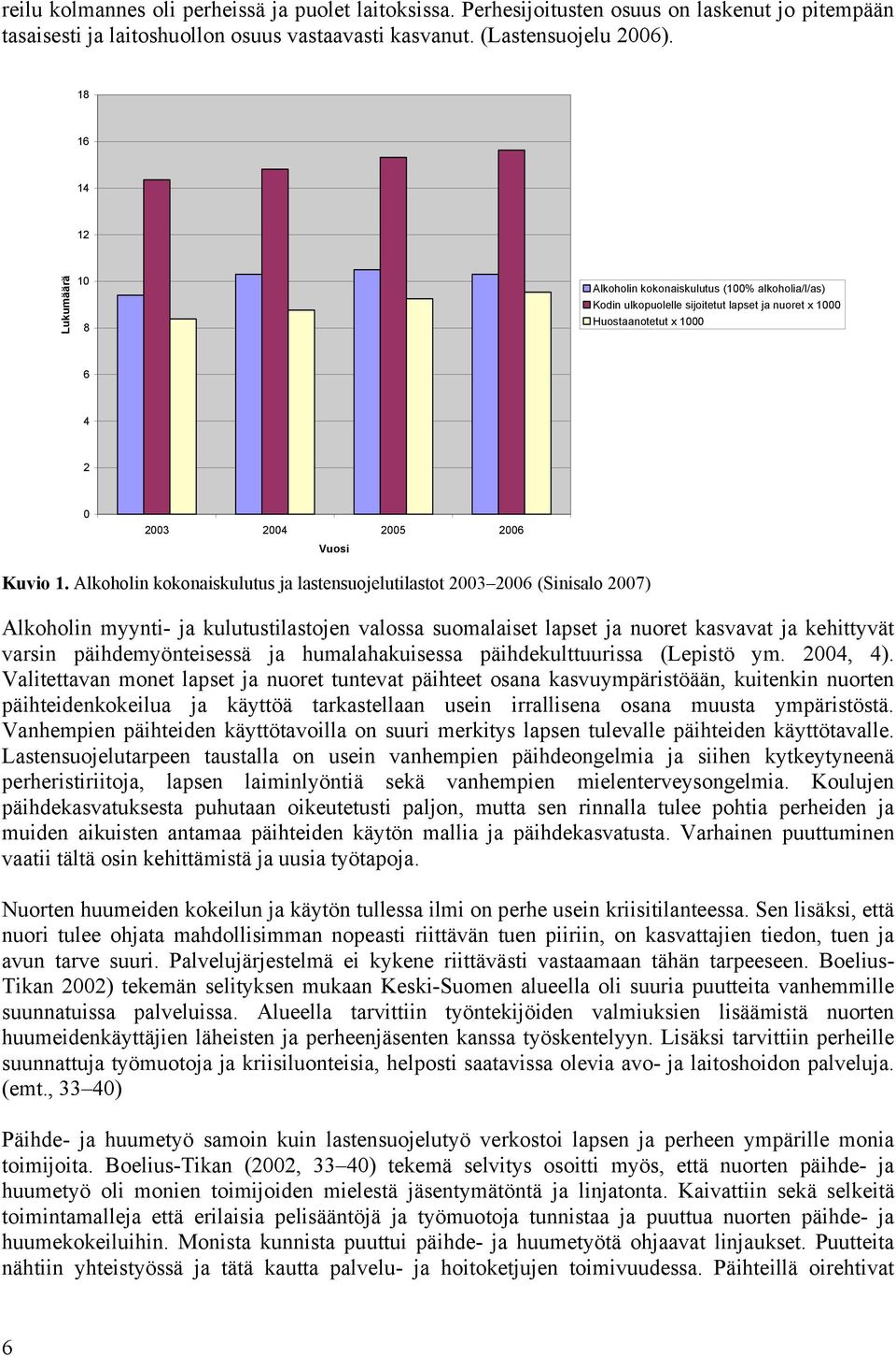 Alkoholin kokonaiskulutus ja lastensuojelutilastot 2003 2006 (Sinisalo 2007) Alkoholin myynti- ja kulutustilastojen valossa suomalaiset lapset ja nuoret kasvavat ja kehittyvät varsin
