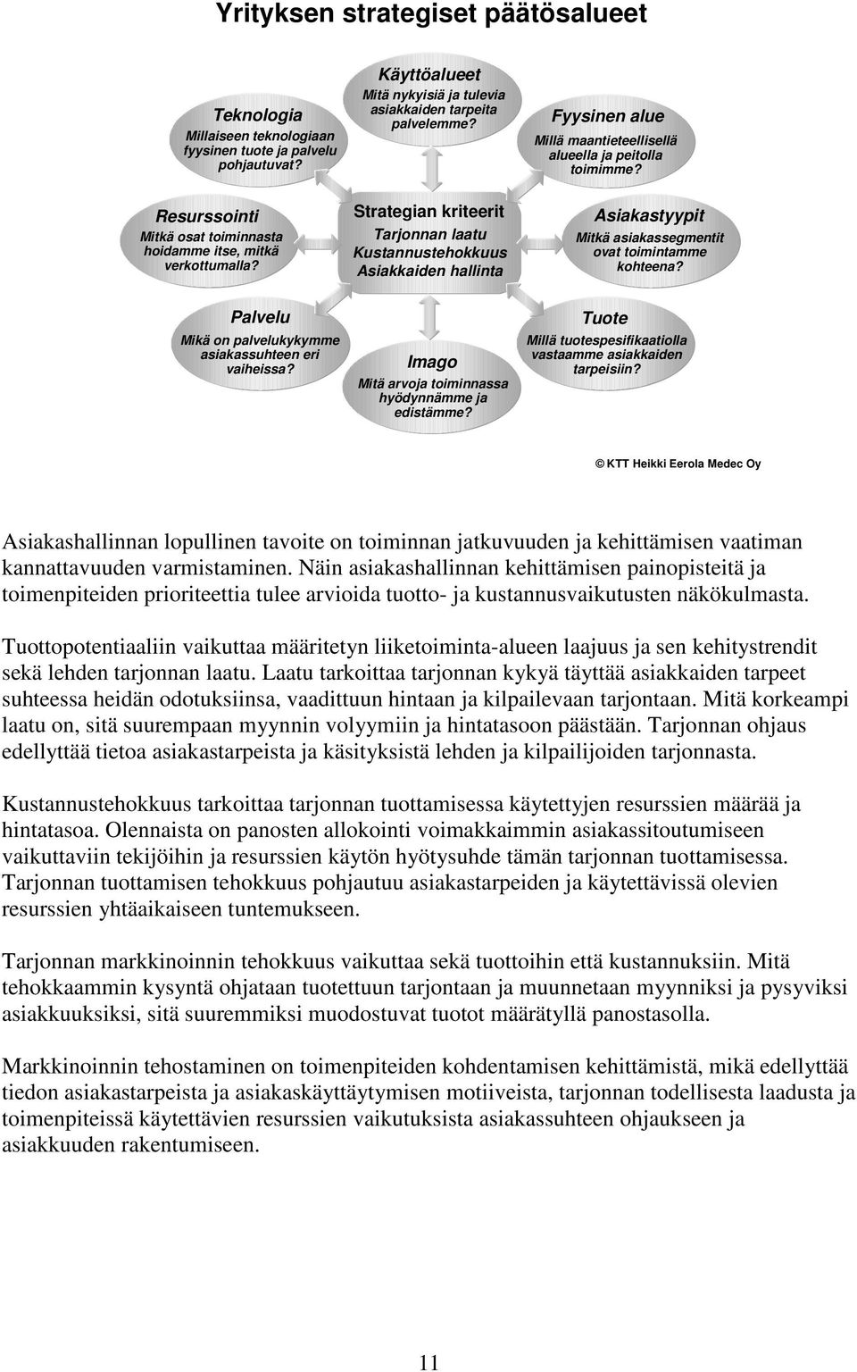 Strategian kriteerit Tarjonnan laatu Kustannustehokkuus Asiakkaiden hallinta Asiakastyypit Mitkä asiakassegmentit ovat toimintamme kohteena?