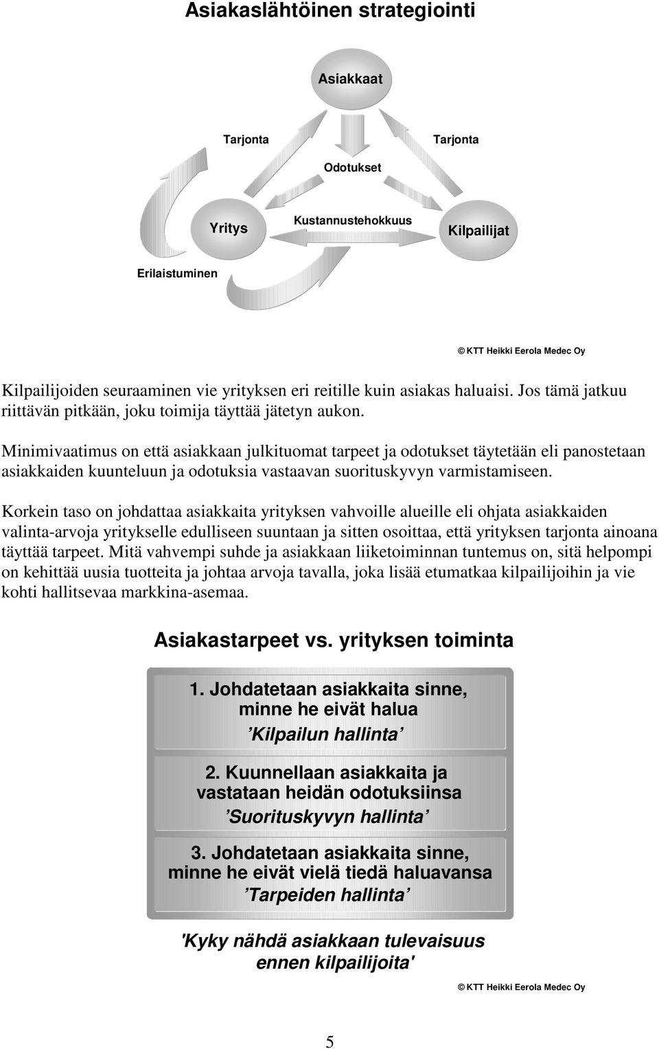 Minimivaatimus on että asiakkaan julkituomat tarpeet ja odotukset täytetään eli panostetaan asiakkaiden kuunteluun ja odotuksia vastaavan suorituskyvyn varmistamiseen.