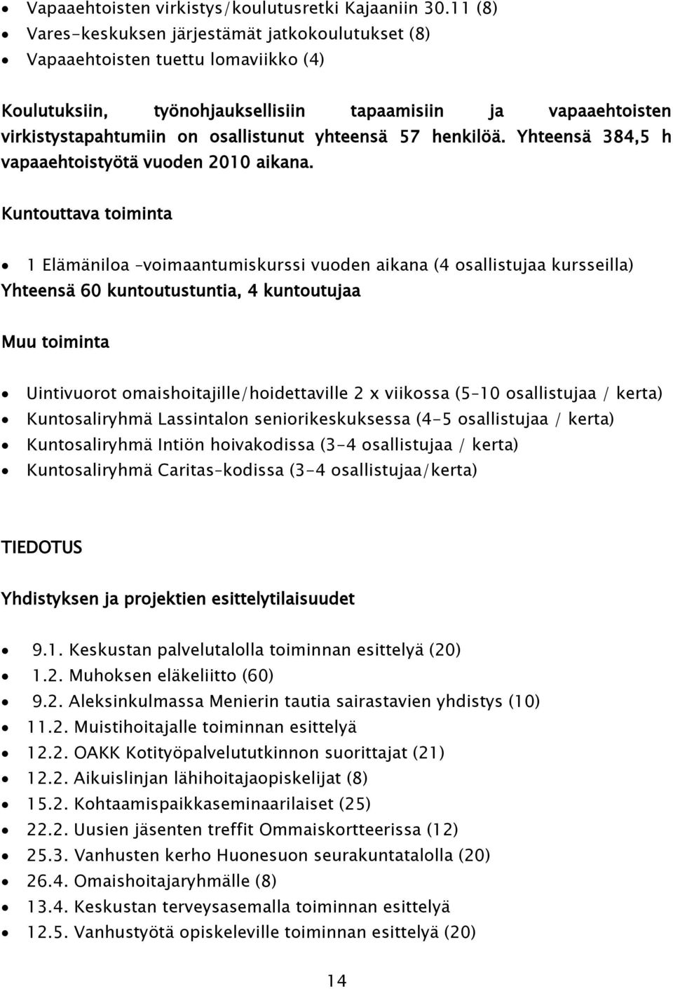 yhteensä 57 henkilöä. Yhteensä 384,5 h vapaaehtoistyötä vuoden 2010 aikana.